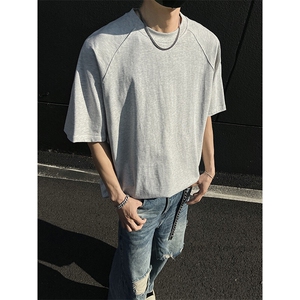 得物抖音高品质260克重磅宽松纯棉纯色双纱牛角插肩袖短袖T恤DT22图片