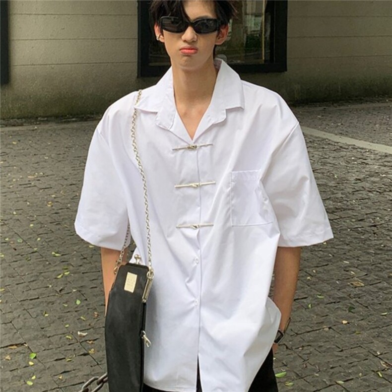 新中式男装风金属扣短袖衬衫男高级感民学生装衬衣薄款外套,男装衬衫,星座506A