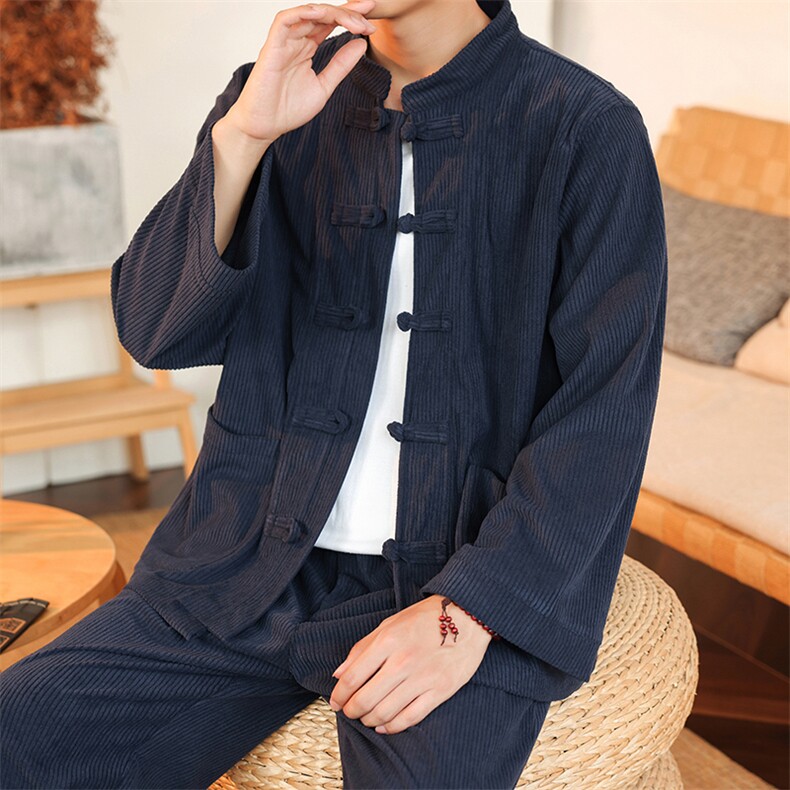 风灯芯绒套装长袖盘扣男士纯色套装两件套秋DSA008-TZ2524,男装休闲套装,电商A008