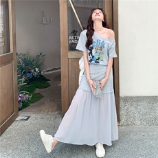 韩系2025夏季新款女时尚洋气圆领收腰显瘦上衣+松紧腰半身裙套装，女装连衣裙，2C323