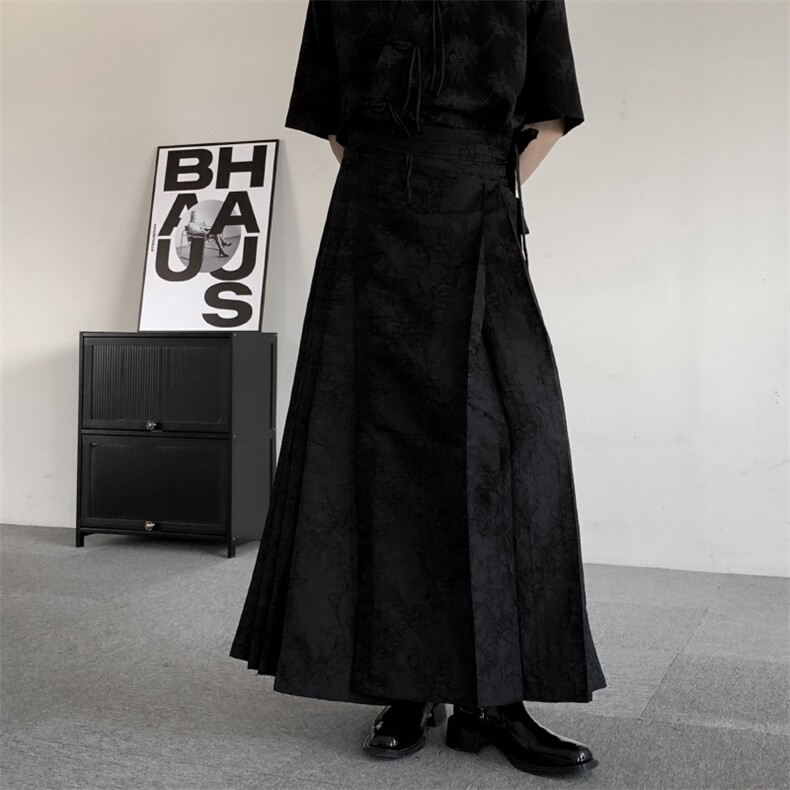 春装新中式提花百褶马面裙男女2026黑色新中式轻明制风汉服裙子,男装民族服装,星座909