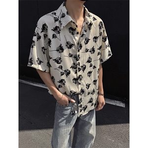 特批P25无差价夏季翻领冰丝冰感顺滑大码五分短袖花衬衫男CD5479图片
