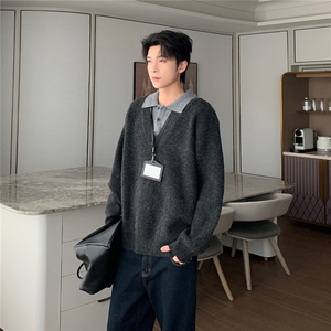 网图假两件翻领毛衣老钱风polo领内搭打底针织衫A025-CM15162-P58,女士帽衫搭配宽裤子图片