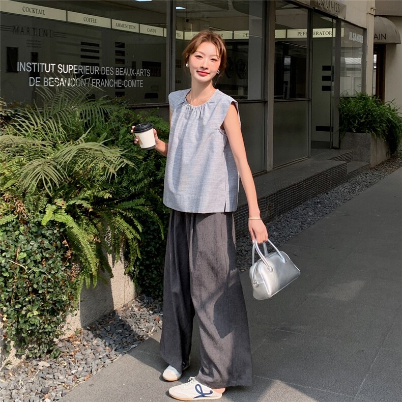 蓝色法式松弛感背心套装女夏新款小个子无袖上衣休闲阔腿裤两件套图片