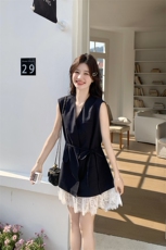 藏青色蕾丝拼接减龄西装裙女2025夏季新款韩版休闲显瘦气质连衣裙，女装连衣裙，浙宝276（原081）