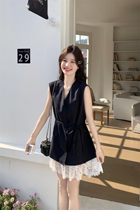 藏青色蕾丝拼接减龄西装裙女2025夏季新款韩版休闲显瘦气质连衣裙图片