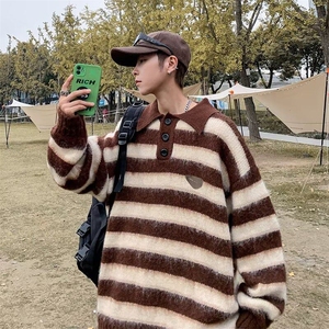 美式休闲棕色条纹潮翻领polo毛衣男ins高街宽松针织衫 EA014-P30图片
