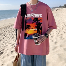 ！23夏季新款宽松大码港风日落风景短袖纯棉T恤T1998-P25，男装T恤，星座508（原C305）