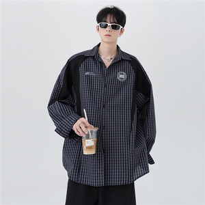 美式运动拼接条纹衬衫男女宽松情侣休闲格纹衬衣外套春季潮p58,淡色衬衫怎么搭配好看图片