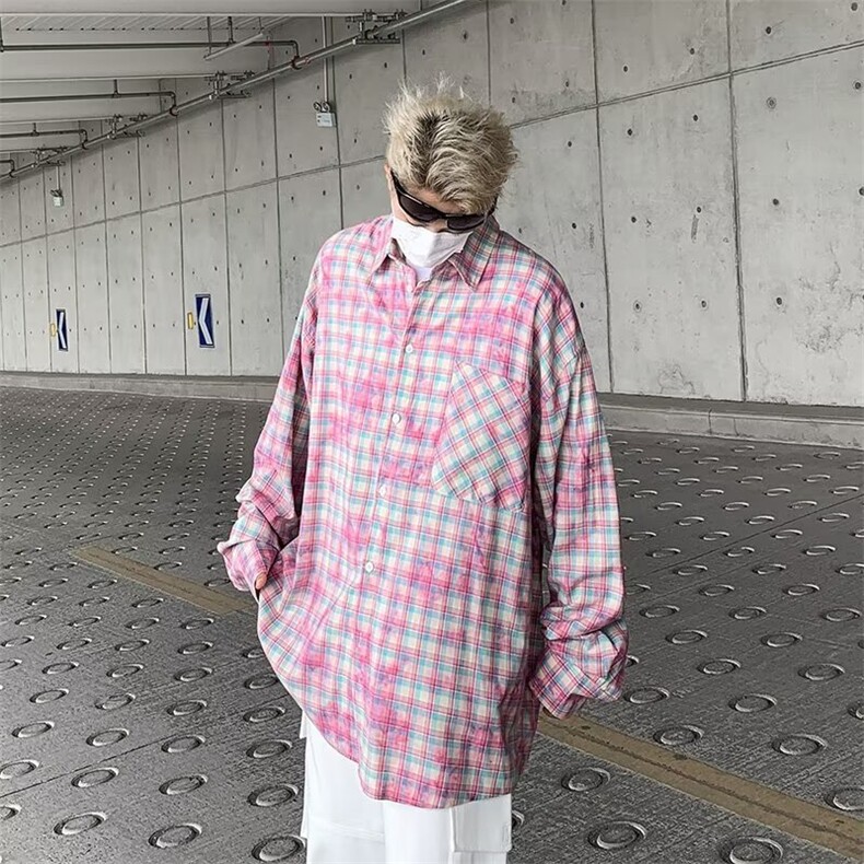 美式撞色炒色工艺格子长袖衬衫男女宽松休闲百搭衬衣CY972-P39,男装衬衫,星座412-3