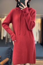 秋冬季新款女时尚中长款连帽竖条大码羊毛衫，女装羊毛衫，江杉羊绒