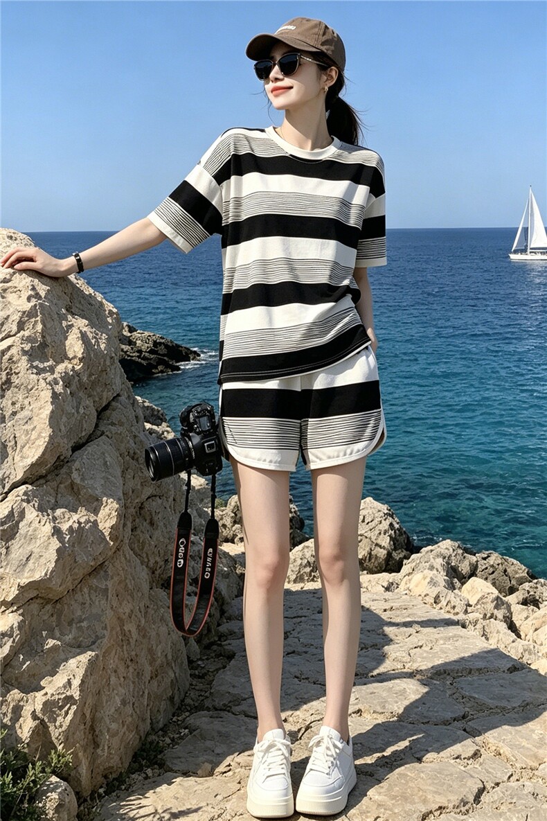 甜美时尚休闲套装女夏季新款显瘦圆领条纹短袖上衣阔腿短裤两件套,女装套装/套裙,江南