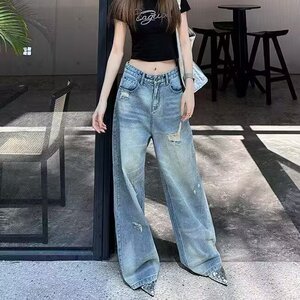N890-P45 美式高级复古洗水蓝色镰刀牛仔裤女春夏新款宽松显瘦图片