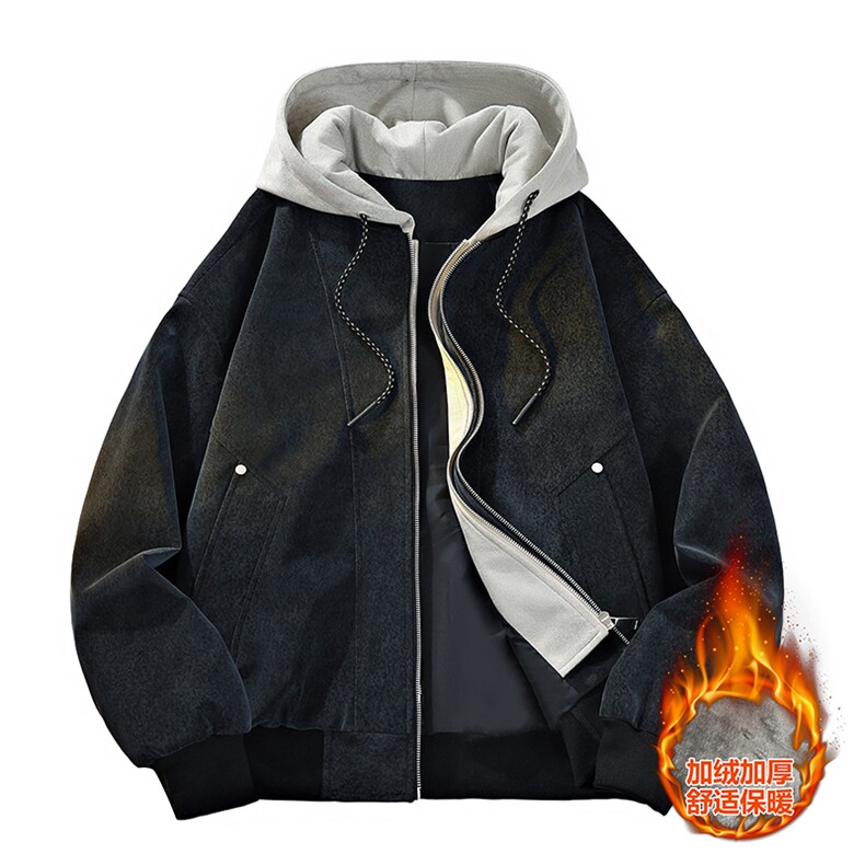 25冬连帽假两件加绒加厚潮宽松大码外套-加绒531-小码85-大码90，女装短外套，星座1105-2