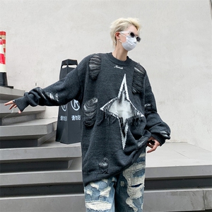 加厚秋款男圆领毛衣五角星破洞字母刺绣针织衫流苏外套M117 P50图片