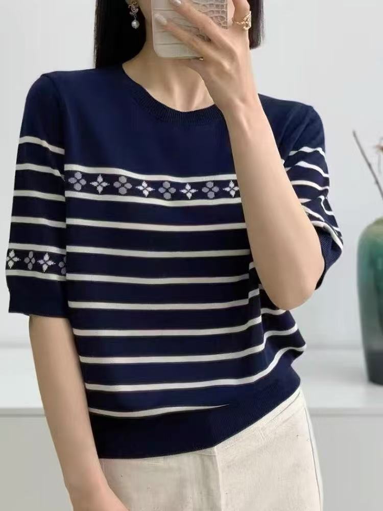 夏季显瘦时尚百搭条纹提花圆领短袖,女装T恤,百纯羊绒