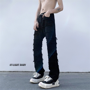 B221 美式ins高街小众男女情侣款毛边弹力牛仔裤 LK23005-P70控98图片