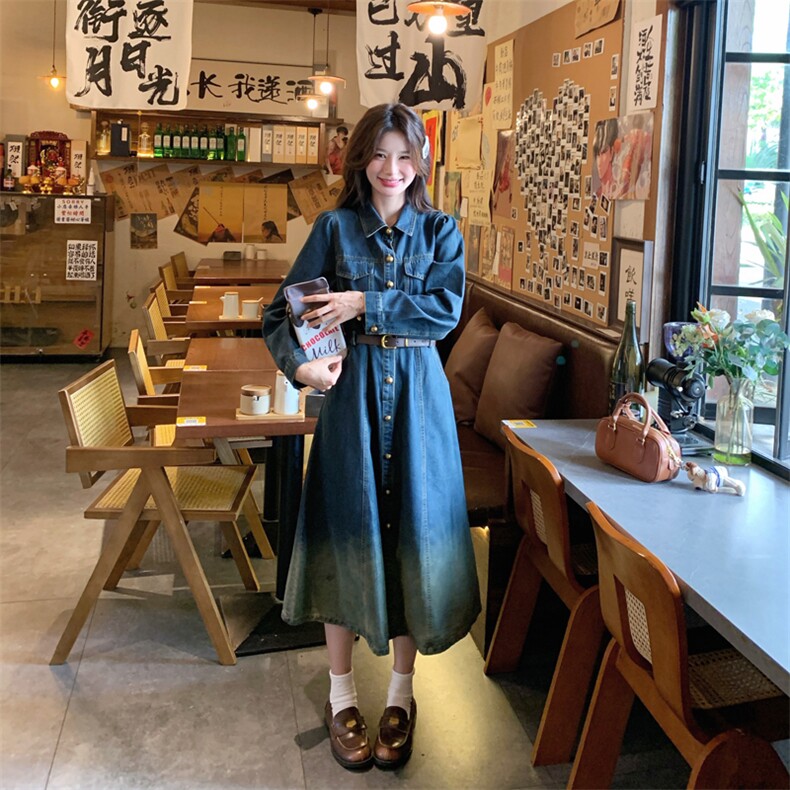 高级感渐变牛仔连衣裙女2024秋季新款港风复古气质收腰显瘦衬衫裙,女装连衣裙,多米2-075