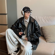 韩版潮流帅气宽松皮衣男机车服飞行员皮夹克JW27P70，男装夹克，星座1116-2