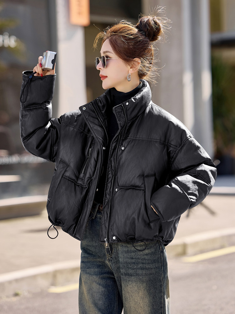 时尚短款PU皮立领羽绒服女2026冬季新款休闲保暖白鸭绒面包服外套,女装羽绒服,意芙