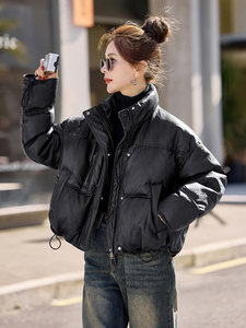 时尚短款PU皮立领羽绒服女2026冬季新款休闲保暖白鸭绒面包服外套图片