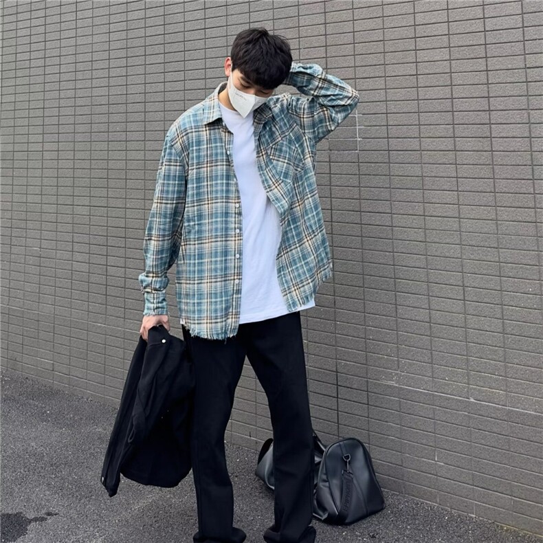 衬衫男美式复古格纹长袖衬衣高级感痞帅休闲外套A2250-P35图片