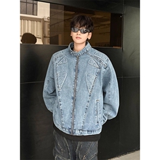 立体浮雕机车牛仔外套男款春秋季美式小众高街痞帅设计感工装夹克，男装工装外套，星座1210-1