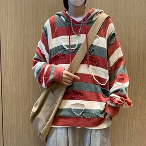 秋季套头针织衫连帽卫衣男女美式潮牌条纹破烂宽松毛衣JK7019-P49图片