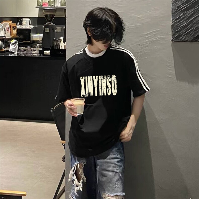 抖音得物高品质二开240克宽松纯棉美式潮牌三条杠织带短袖T恤,男装T恤,电商A486-1