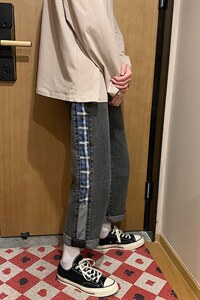 格子拼接复古牛仔裤男阔腿裤韩版潮流高街长裤潮牌ins宽松直筒裤图片