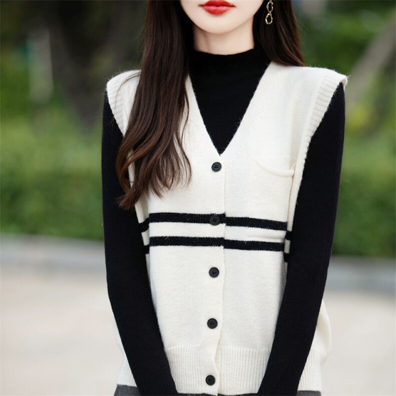 撞色马甲无袖针织坎肩女开衫短外套上衣2025年秋季新毛线马甲背心,女装马甲,暖姿羊绒