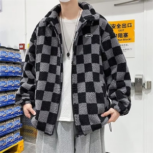 2023冬季韩版宽松开衫棉衣外套新款棋盘格羊羔绒棉服  W6154-P80图片