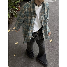 蓝色格子衬衫男美式复古格纹长袖衬衣痞帅休闲外套C2250，男装衬衫，星座1116A（原606A-3）