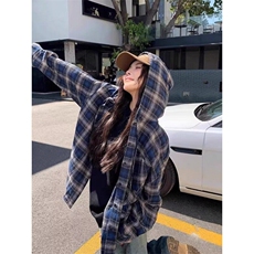 美式复古连帽衬衫男女春款街头宽松休闲百搭撞色格纹衬衣CT20，男装衬衫，星座1116A（原606A-3）