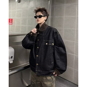 美式复古水洗小众牛仔衣男春秋新款潮牌宽松休闲撞色翻领夹克外套图片