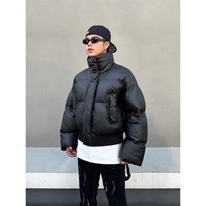 现货5W件冬季三防重磅硬挺boxy短款羽绒立领PU皮棉衣外套加厚棉服图片