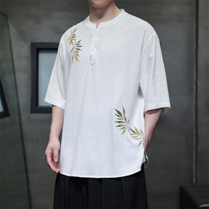 夏季新款棉麻刺绣竹叶新款五分袖短袖T恤衬衫T99-P65-控88图片