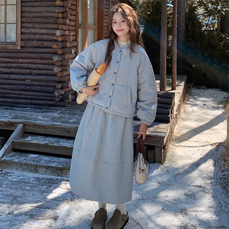 夹棉加厚长袖棉服外套卫衣女2025秋冬季新款女装半身长裙韩系套装,女装棉衣/棉服,2B218