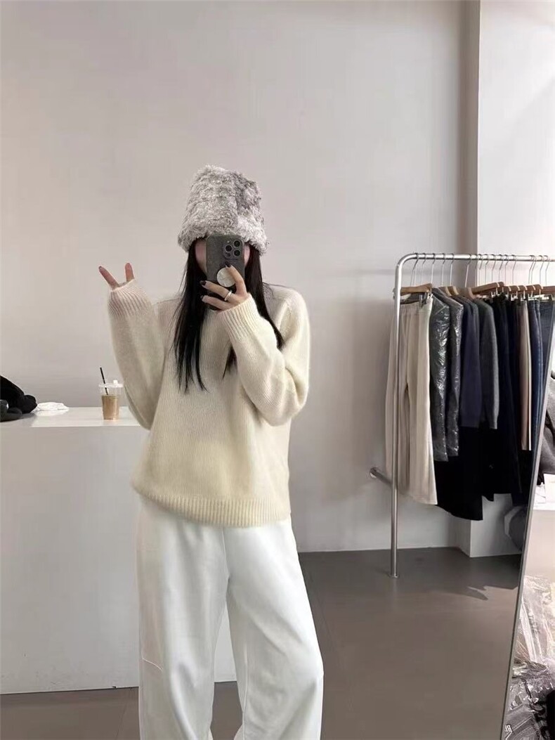 毛衣宽松慵懒圆领长袖套头针织打底衫内搭时尚潮流,针织衫/毛衣,春贝羊绒