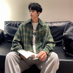 美式复古格子衬衫秋季新2024款情侣宽松长袖衬衣外套男3019/P40图片