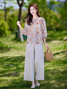 时尚休闲气质衬衫套装女2025夏新款宽松减龄显瘦亚麻阔腿裤两件套图片