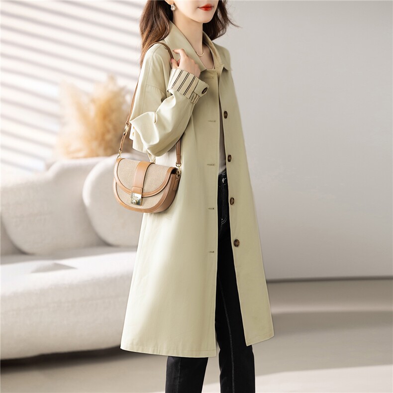 米白色气质中长款风衣外套女2025秋季新款时尚翻领休闲高级感大衣,女装风衣,慕咨
