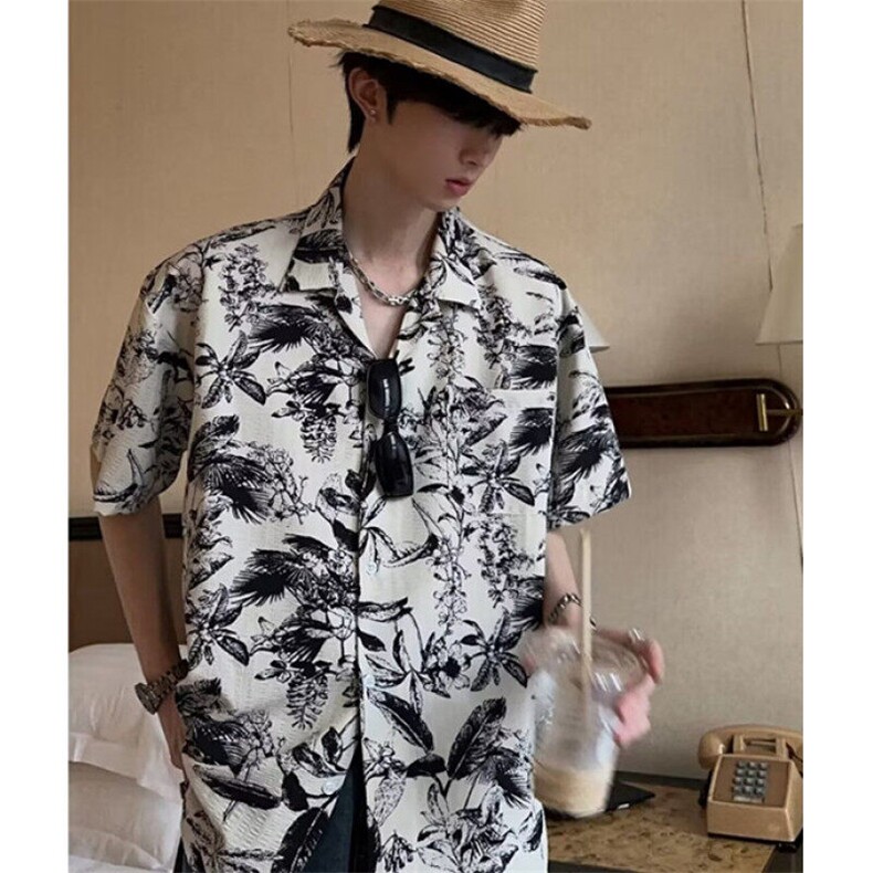 夏季沙滩度假风痞帅花衬衫男冷淡风复古设计冰感薄款短袖C2135,男装T恤,星座1116A（原606A-3）