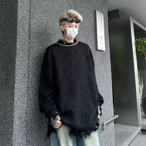 美式小众流苏破洞假两件毛衣男秋冬款宽松痞帅拼接套头针织衫7360图片