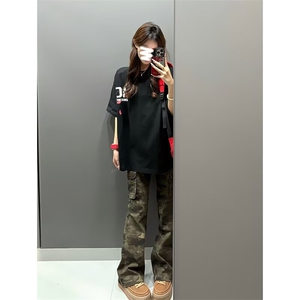 美式vibe高街迷彩多口袋修身工装裤嘻哈微喇裤男女K83096-P53网图图片