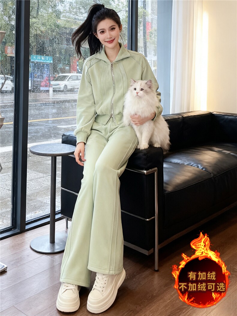 时尚休闲运动套装女秋冬新款宽松显瘦连帽开衫卫衣阔腿长裤两件套,女装套装/套裙,江南