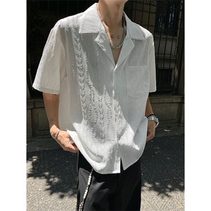 CS6020-P40控68 夏季新款麻花提花古巴领短袖衬衫男图片