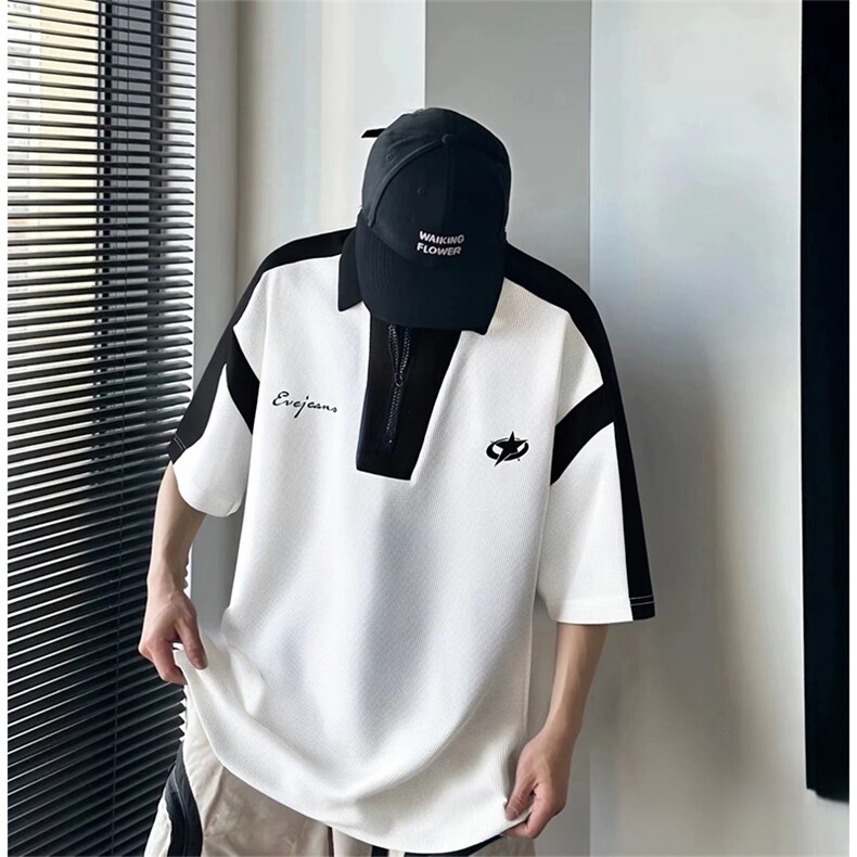 得物抖音240克纯棉美式翻领拉链中性风POLO印花短袖AT4201,男装T恤,电商A443