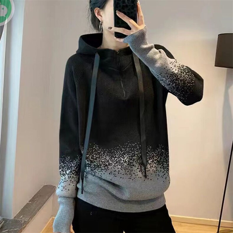 韩版洋派渐层连帽运动衫女秋季宽松休闲时尚套头百搭针织衫外穿上,女装卫衣/绒衫,萱芳婷羊绒