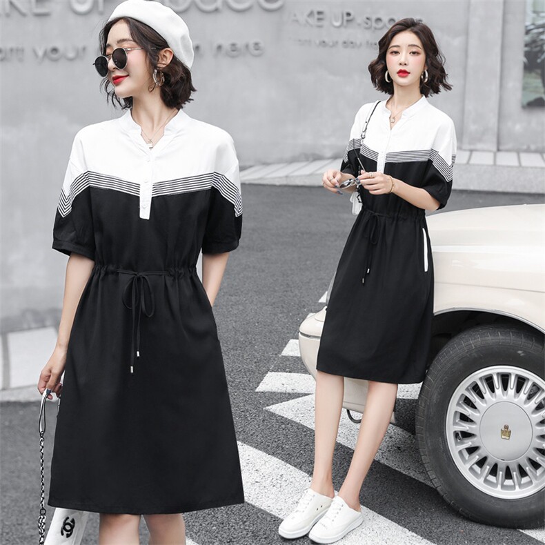 2022年夏季新款宽松显瘦气质收腰拼接撞色天丝连衣裙女,女装套装/套裙,辉之琳
